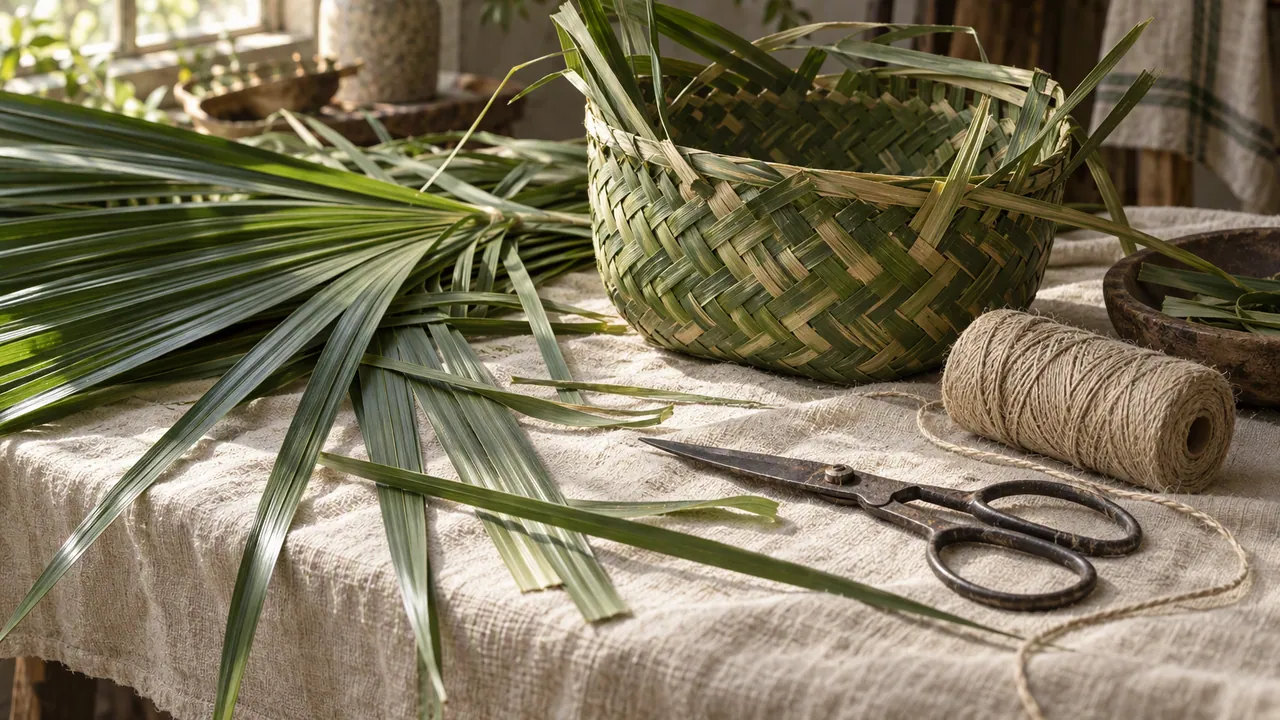 A workbench with fresh palm leaves, a half-finished woven basket and craft tools